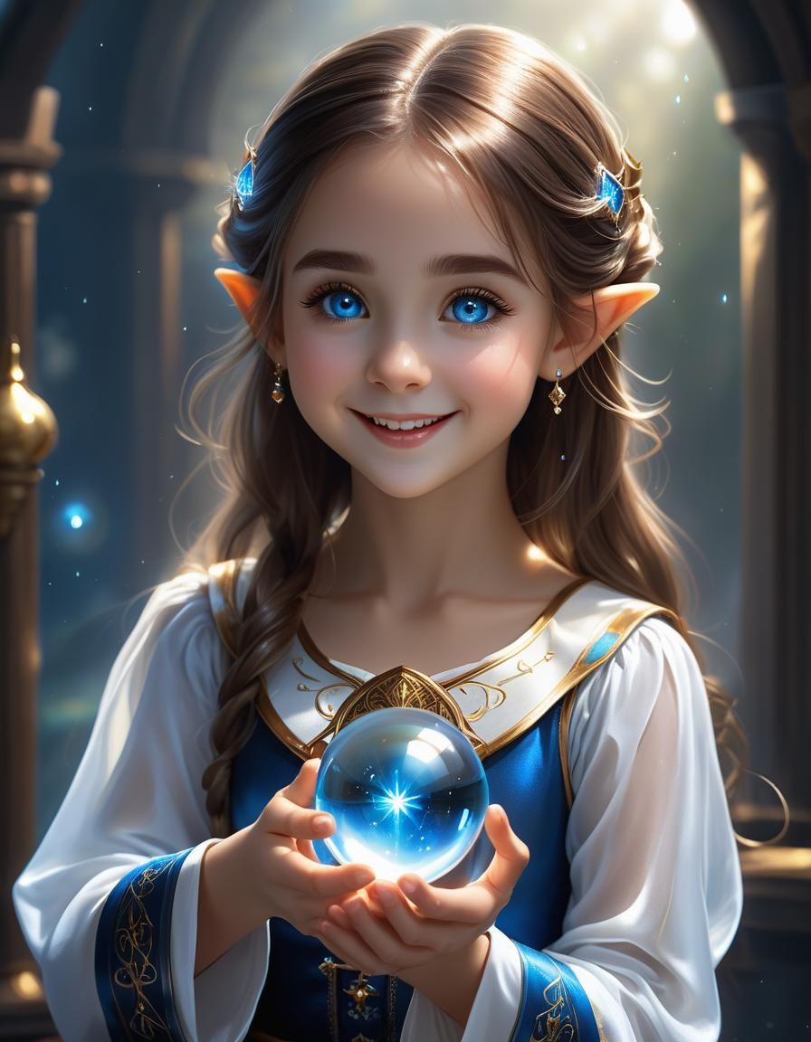 Beautiful young child elf girl with a beaming radiant smile ...