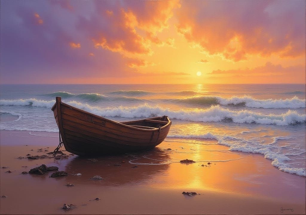 Golden Sunset on Beach with Boat Wreckage