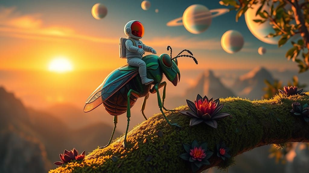 Astronaut Rides Alien Insect in Alien Landscape