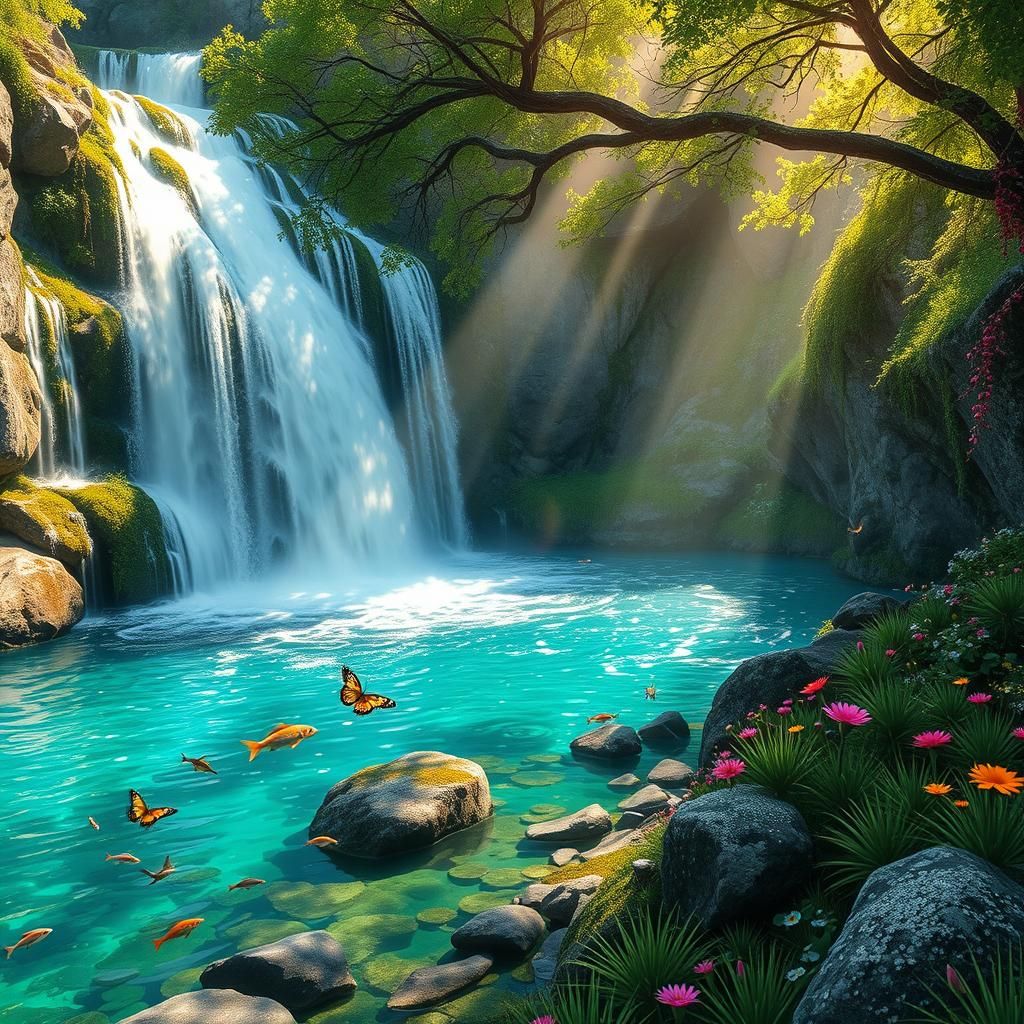 Lush Waterfall Scene in Fantasy Concept Art Style