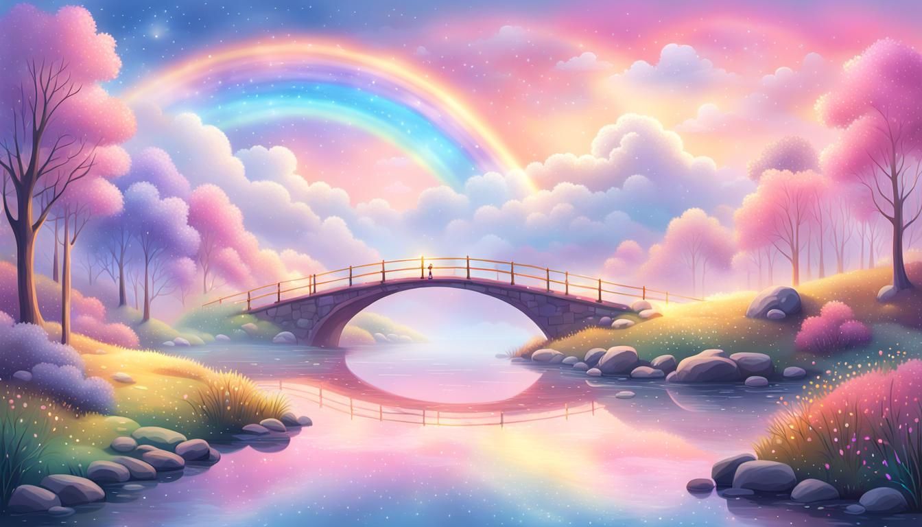 Rainbow Bridge to Golden Light in Ethereal Oil Painting