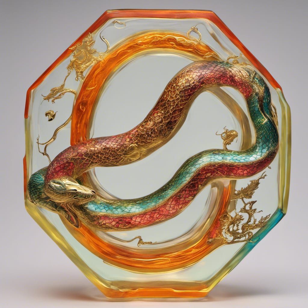 the Chinese Zodiac, the Snake, neon color, gold trim, art glass sculpture, relief design,