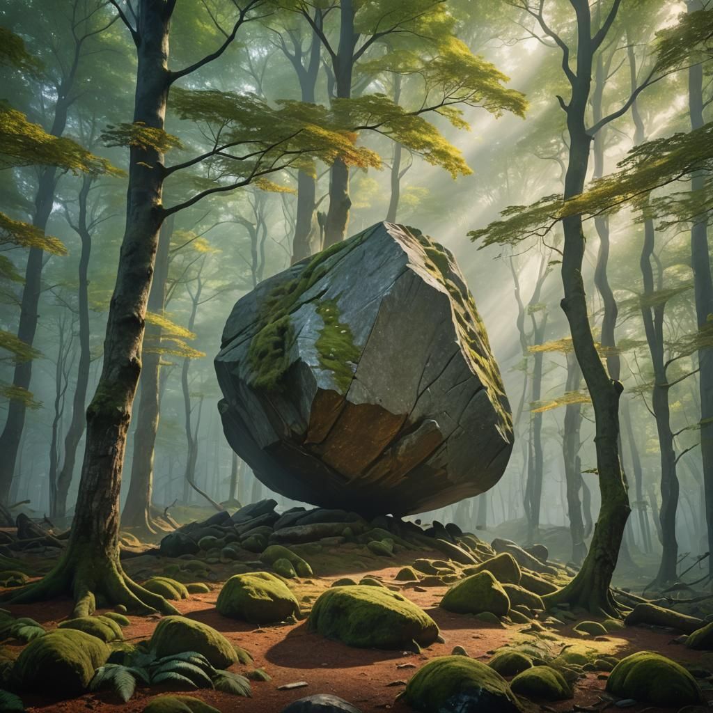 Balanced Boulder in Beech Forest with Glowing Mist