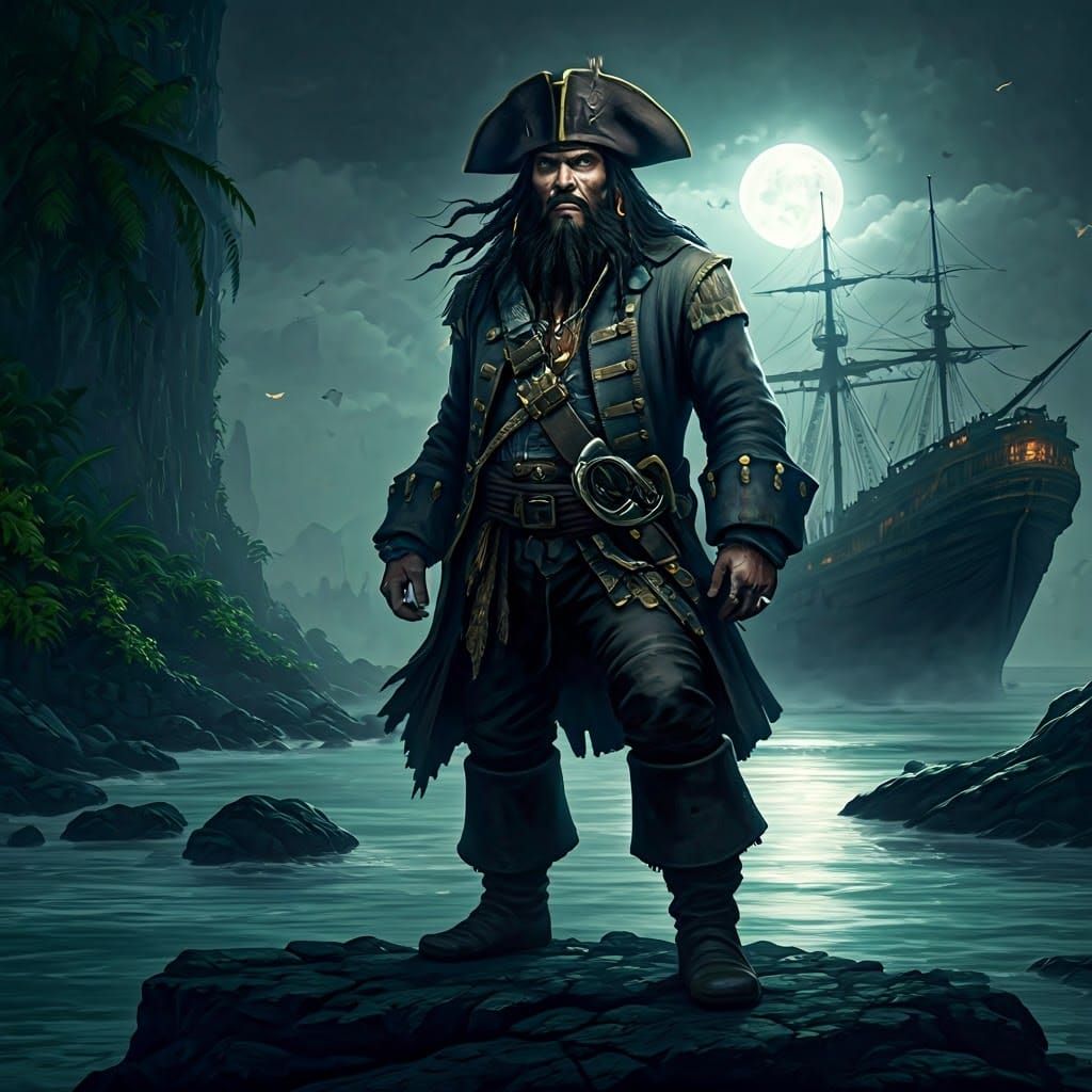 Blackbeard on a Misty Shoreline, Fantasy Art