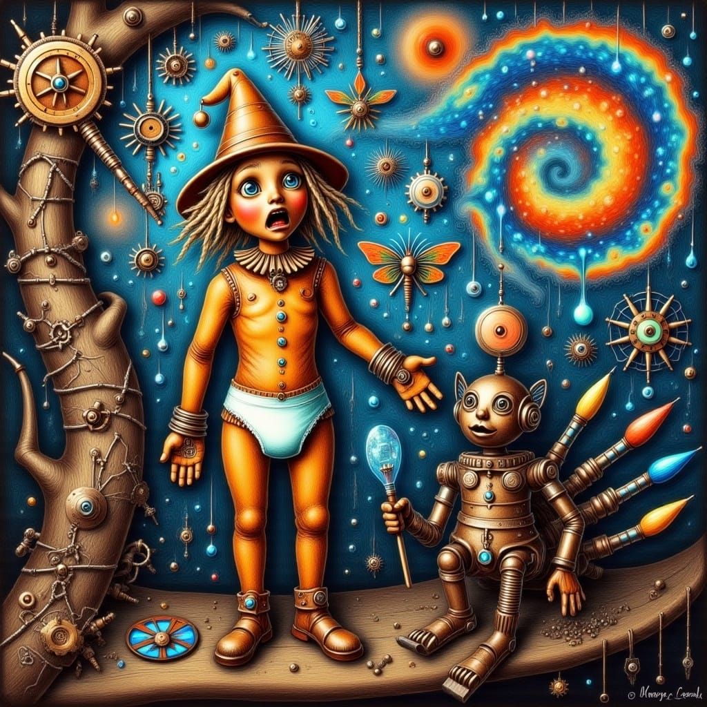 <lora:Steam Dreams 7:1.0> An intensely emotive anthropomorphic screaming scarecrow wearing a diaper, reminiscent of Edva...