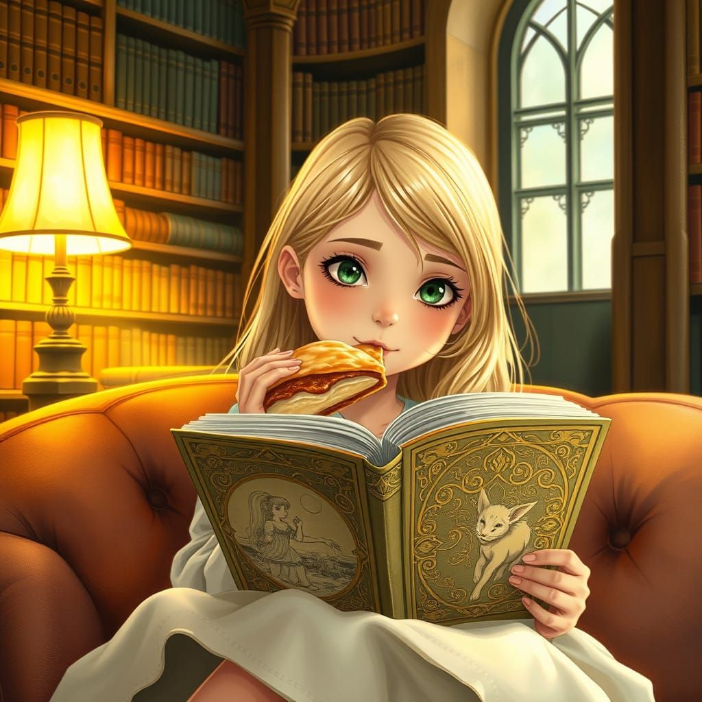 In Whimsical Bookstore Style, a Young Blonde Girl Reads and....