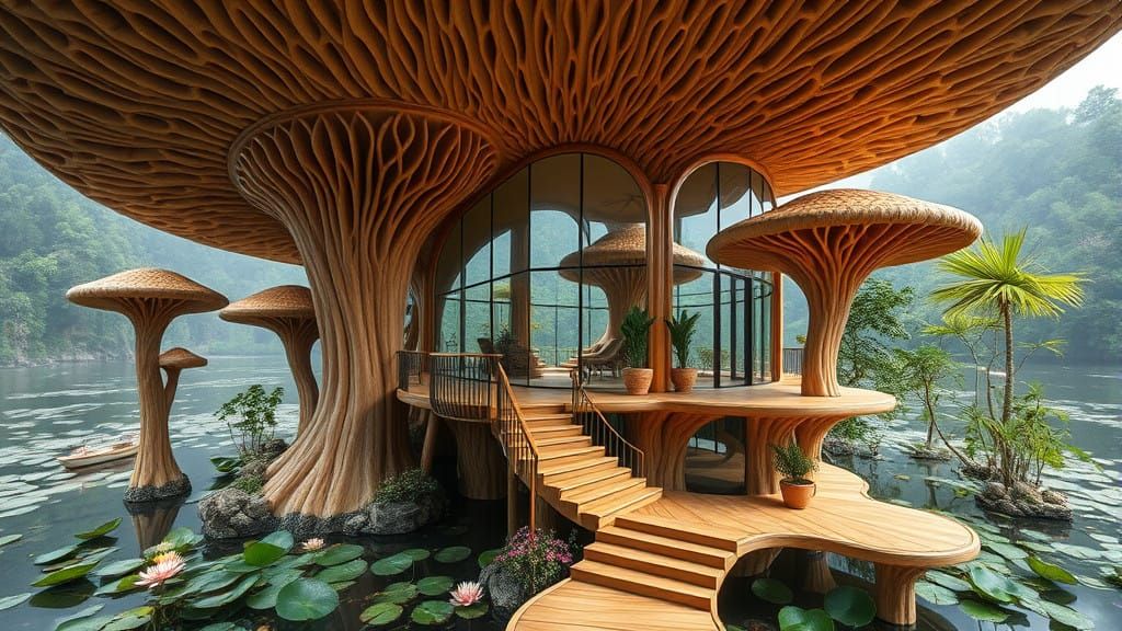 Surreal Wooden Cabin Inspired by Amanita Muscaria Mushrooms