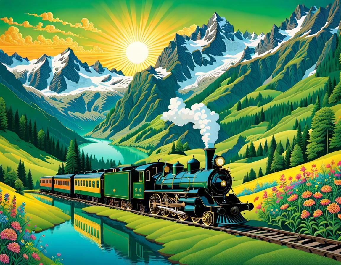 Swiss Alps Train in Raqib Shaw Style