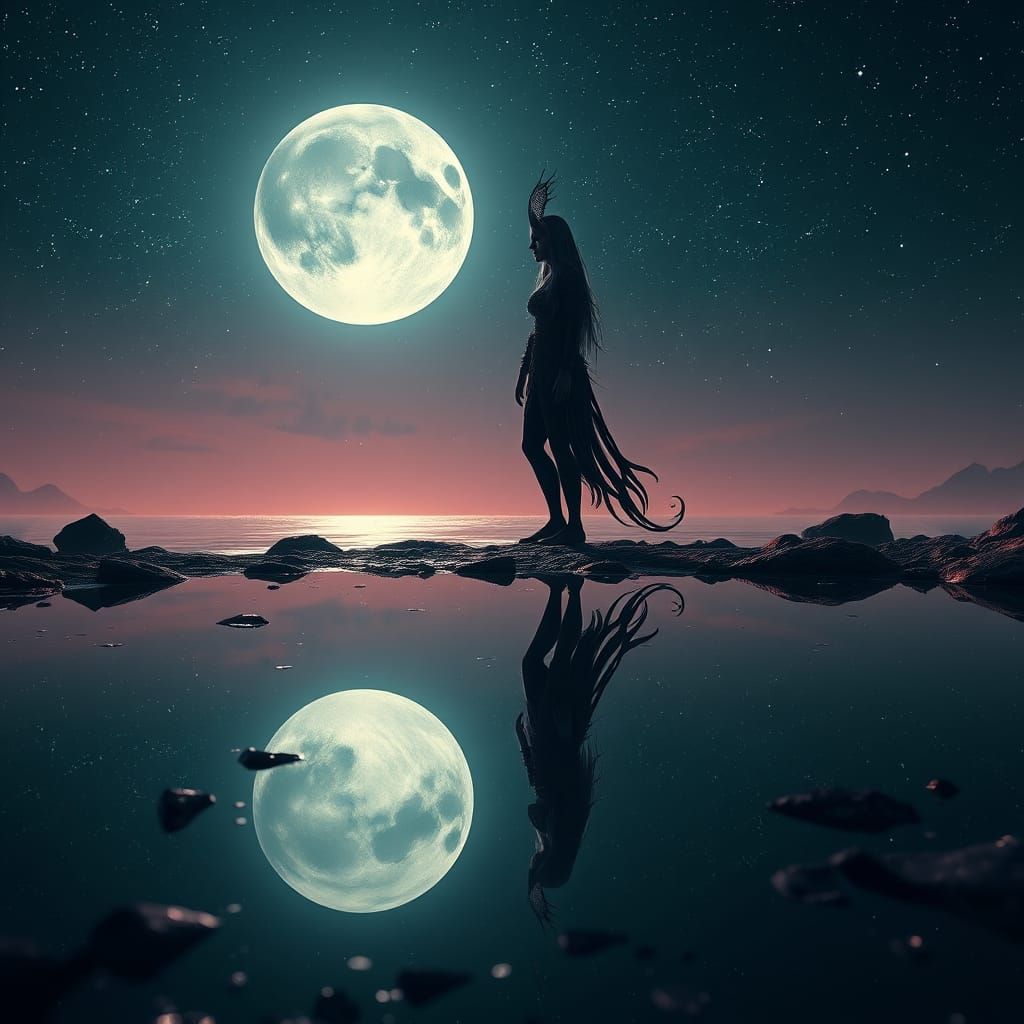 Ethereal Dark Moon Elf Silhouette Under Starry Night Sky