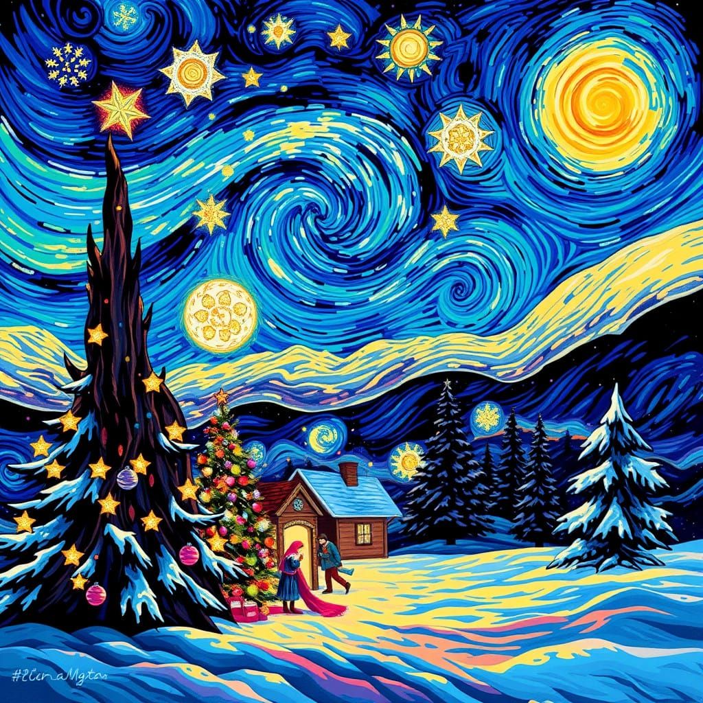 Christmas Scene as Impasto Painting with Astral Elements