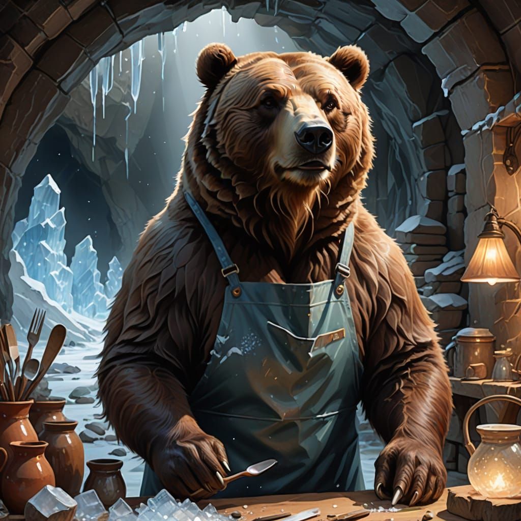 Grizzly Bear Polishing Vases in Icy Cavern
