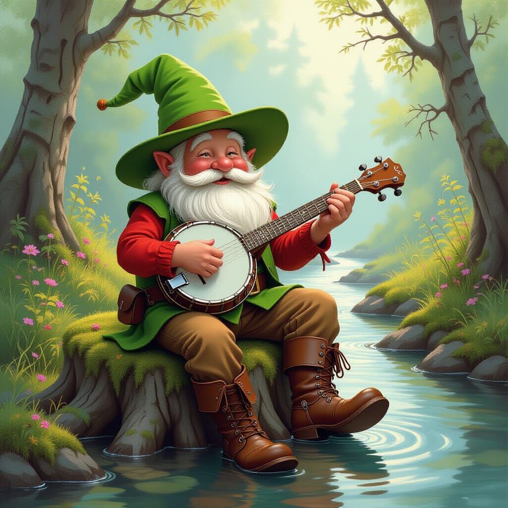 Gnome Playing Banjo by Stream in Whimsical Style