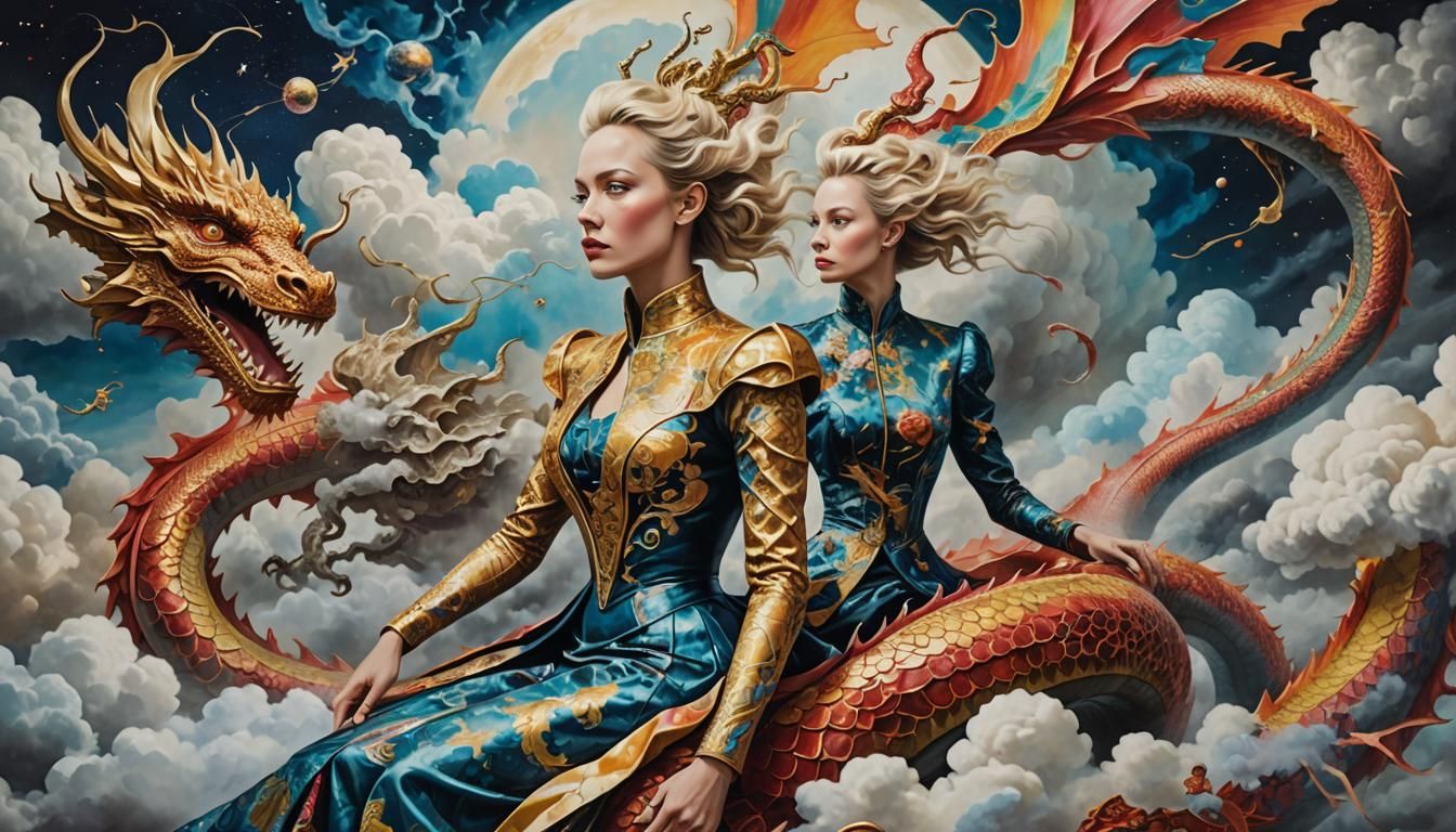 Surreal Woman Rides Dragon in Cosmic Landscape