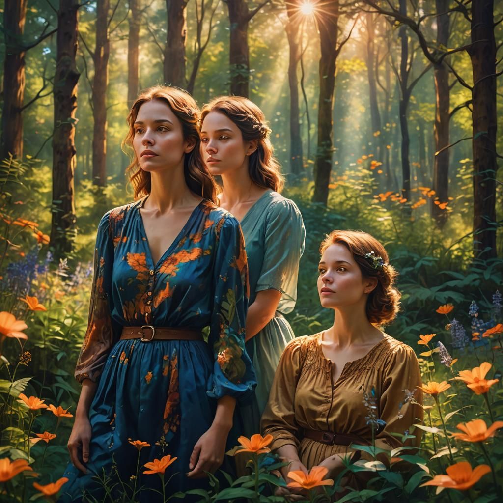 Dreamy Women in a Lush Forest as Digital Painting