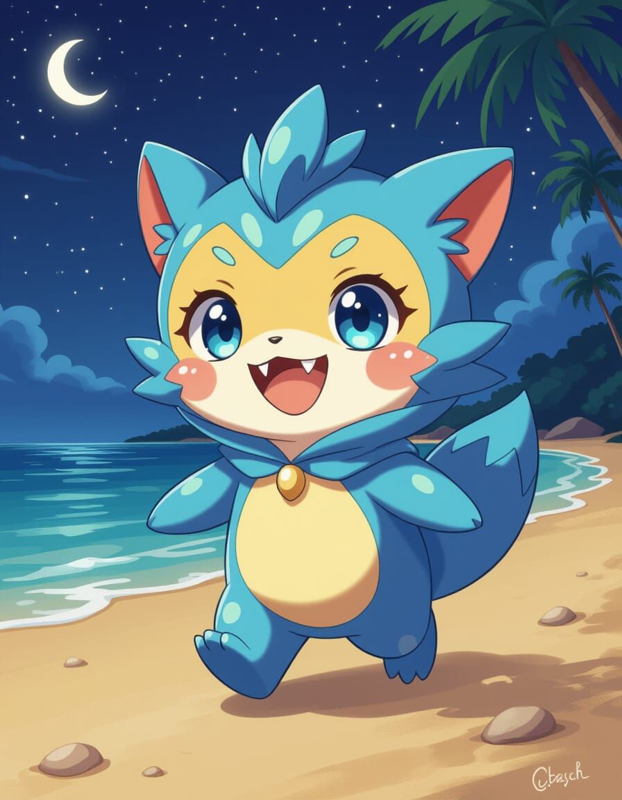 Chibi Oshawott on Sandy Beach at Night