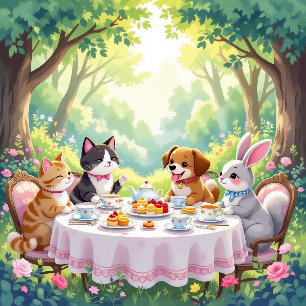Whimsical Animal Tea Party in Watercolor Style