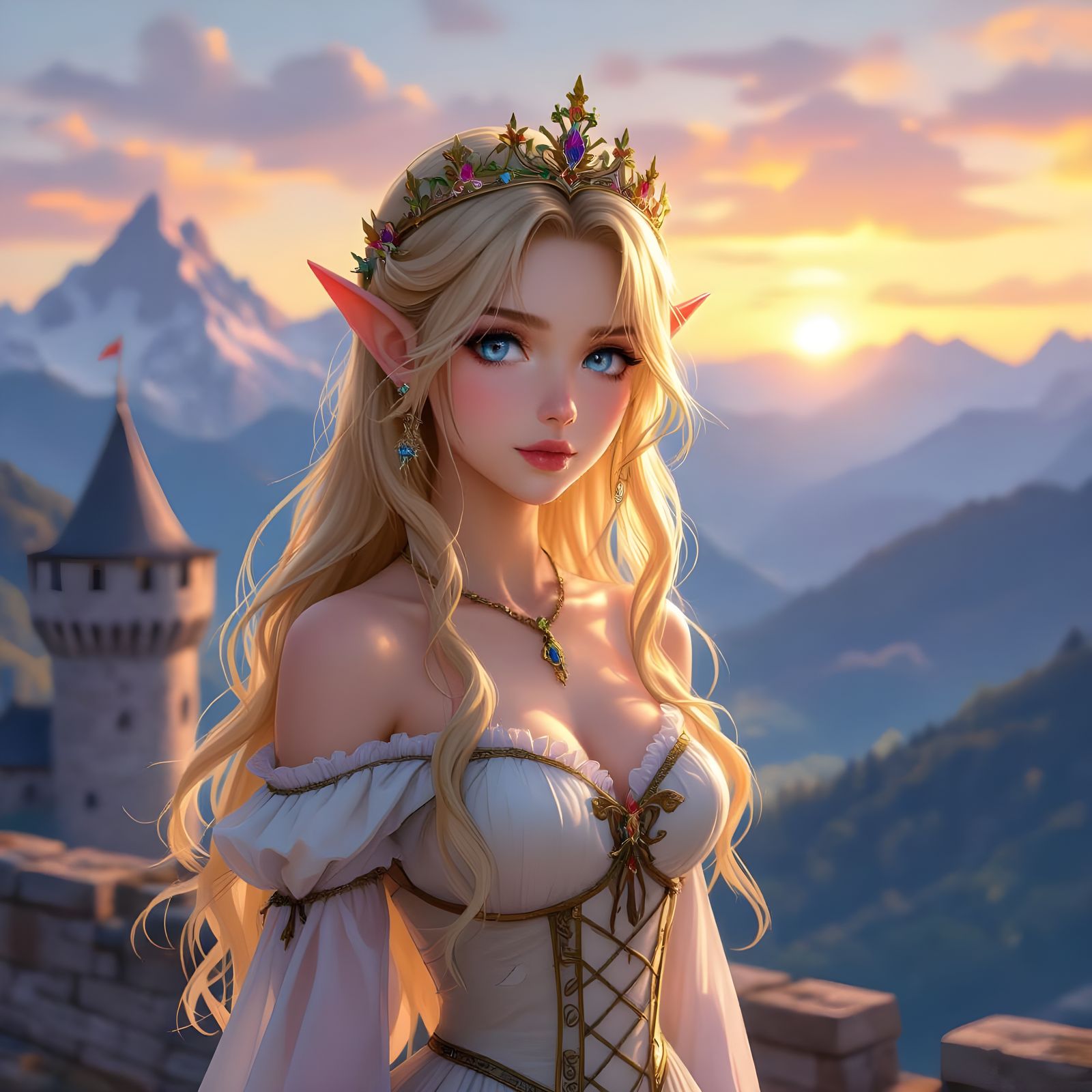 Anime Elf Princess on Medieval Castle at Sunset