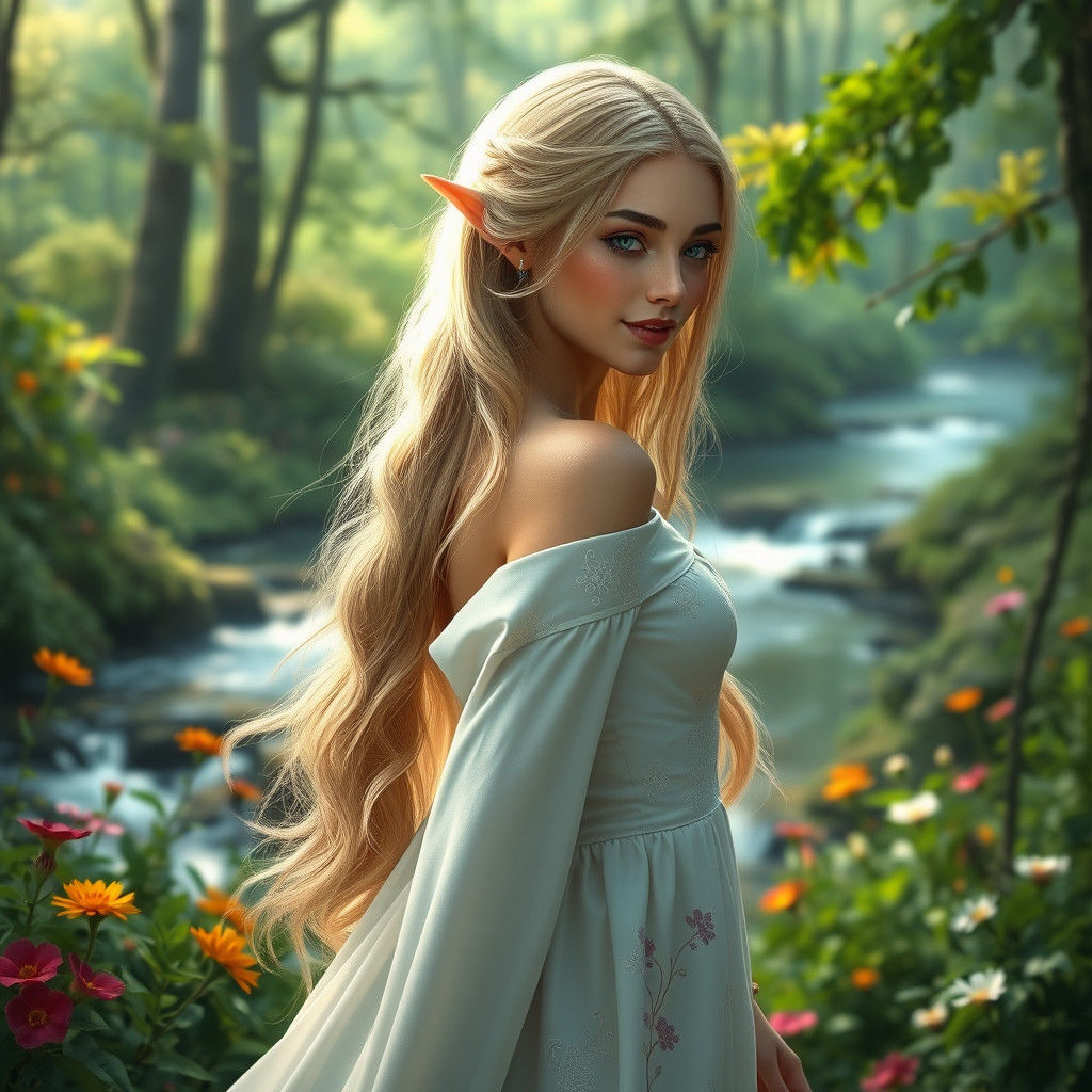 Blond Elf Woman in Forest, Detailed Matte Painting