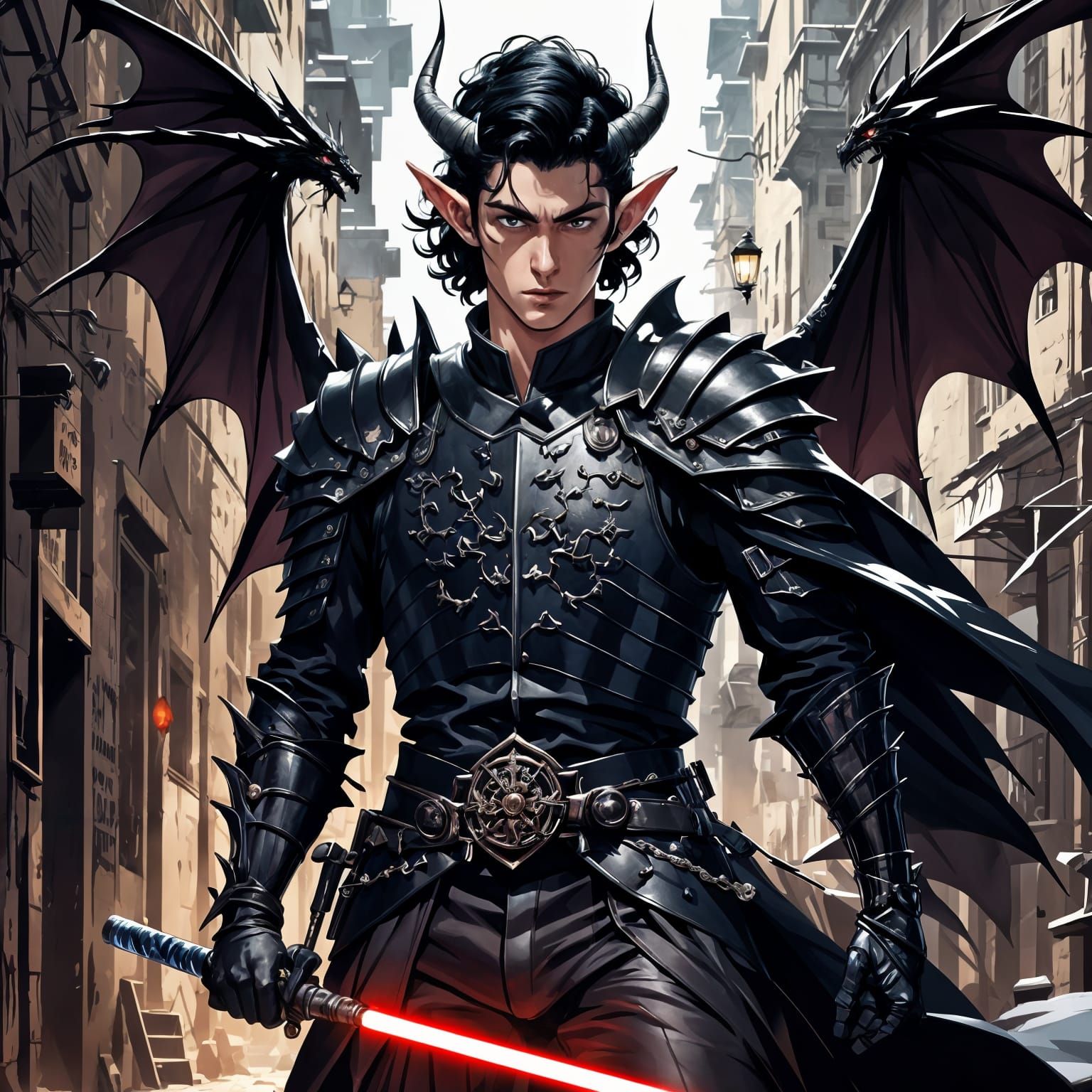 Cyberpunk Elf Warrior in Medieval Alley