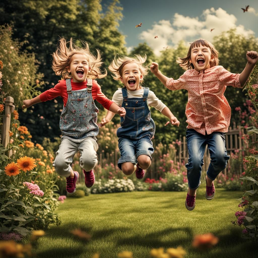 Joyful Children Jumping in a Hyperrealistic Garden
