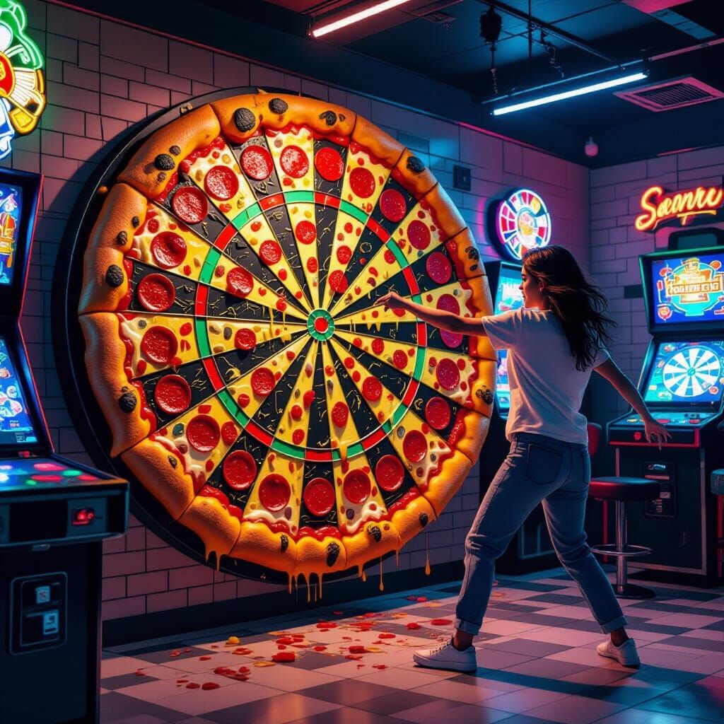 Pizza Dartboard in Futuristic Neon Arcade