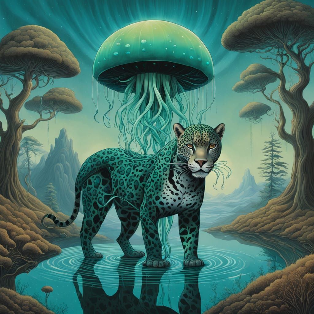 Cosmic Jaguar and Jellyfish in Vibrant Surrealist Dance
