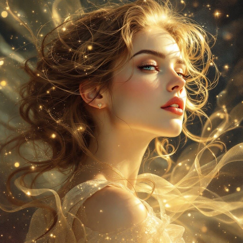 Ethereal Portrait of a Woman with Flowing Hair in Warm Golde...