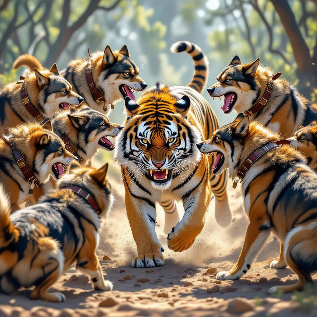 Ferocious Dogs Attack Majestic Tiger in Photorealistic Scene