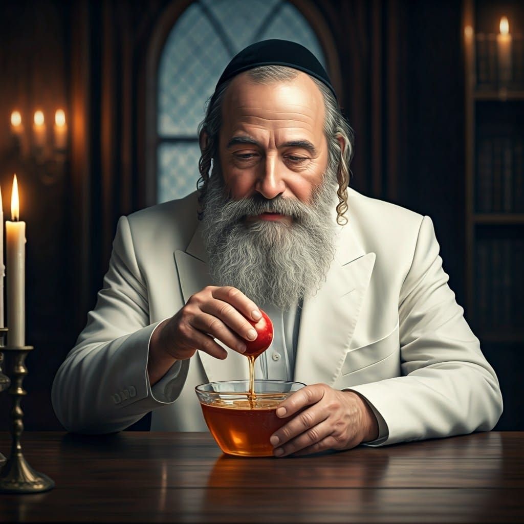 Orthodox Jew Dipping Apple in Honey, Rembrandt Lighting