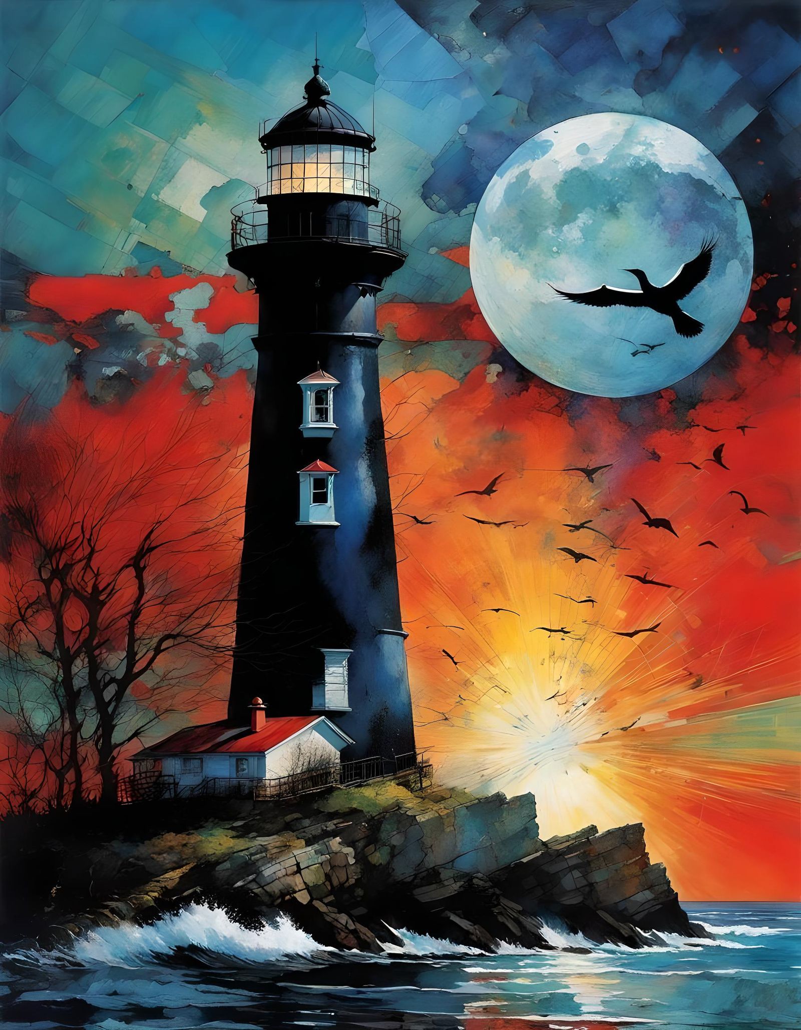 Black Sun Eclipse Over Lighthouse, Color Print Art