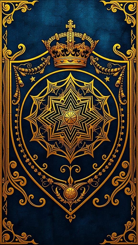 A majestic shield design combines ancient protection symbols with sacred geometry, crowned by a golden royal emblem. Dee...