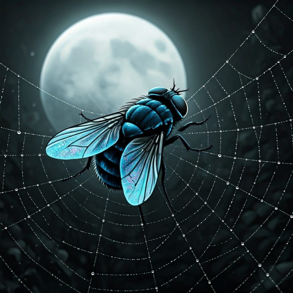 Glowing Blue Housefly Trapped in Spiderweb