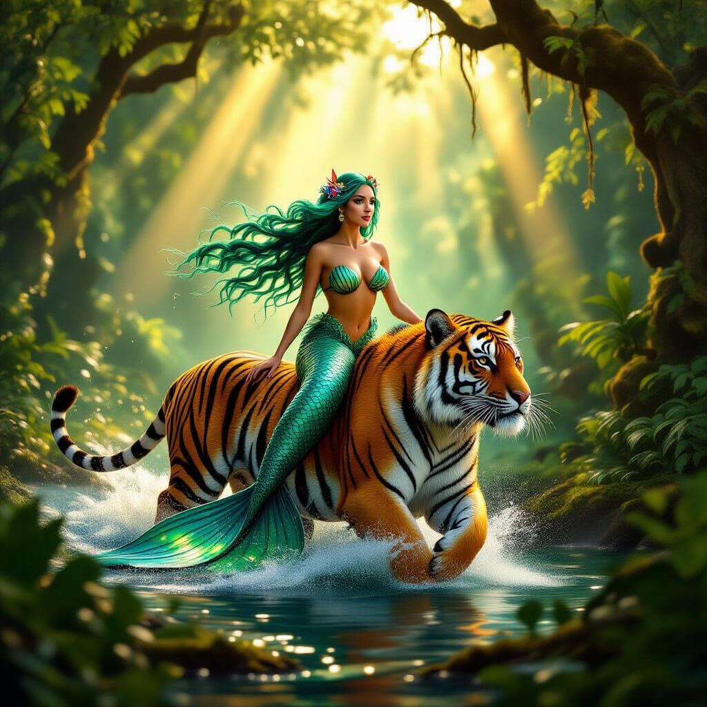 Mermaid Riding Tiger in Sun-Dappled Ancient Forest