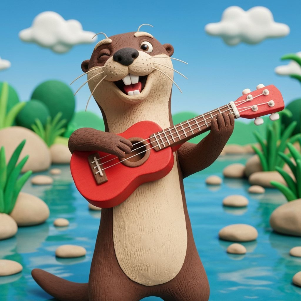 Draw a claymation river otter playing a ukulele