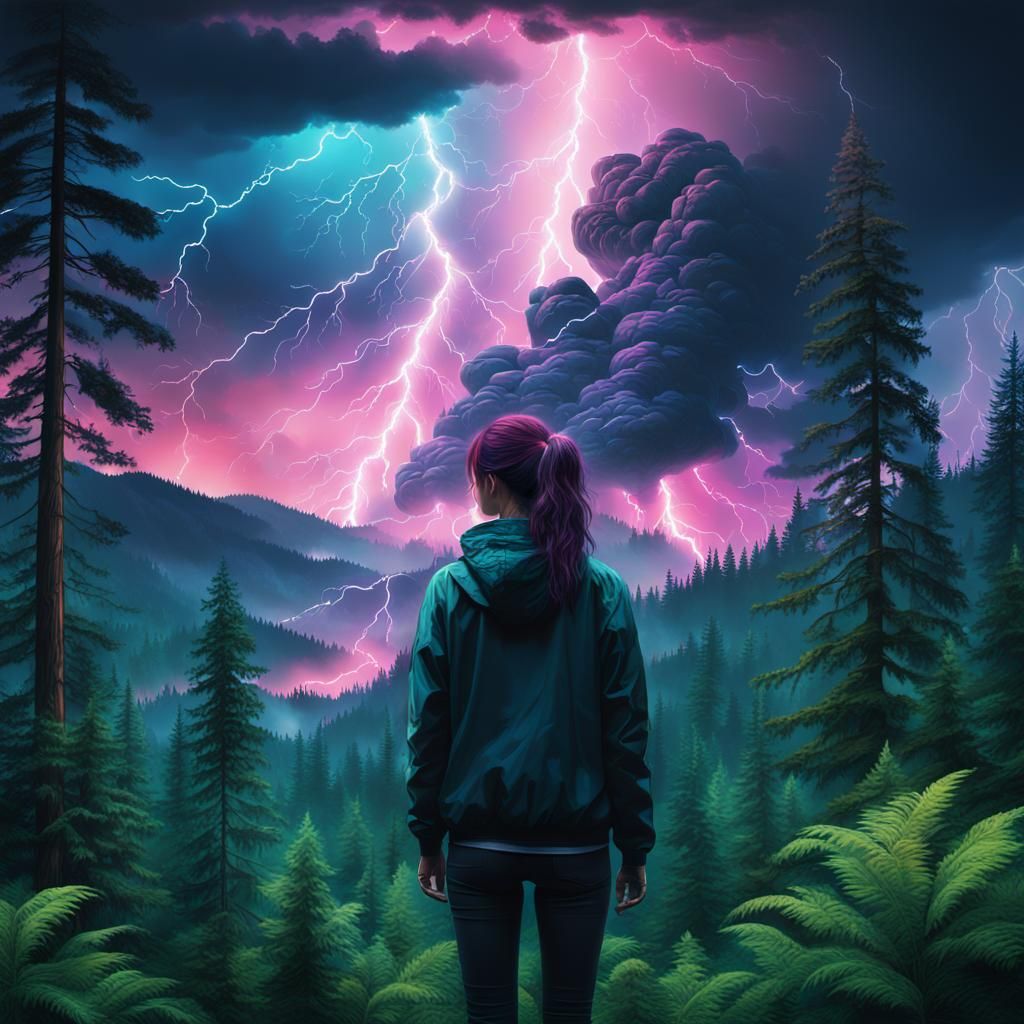 Woman Watches Thunderstorm in Synthwave Style