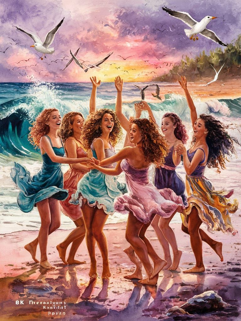Seashore Dance: Watercolor Impressionist Painting of Friends...