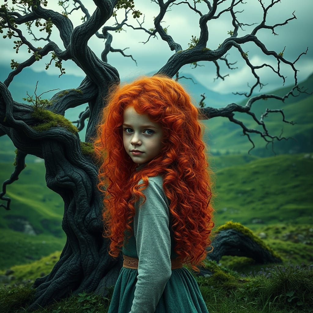 Young Girl Beside Ancient Irish Tree in Emerald Landscape