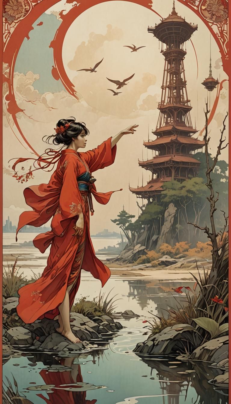 Kimono Woman by Swamp in Alphonse Mucha Style