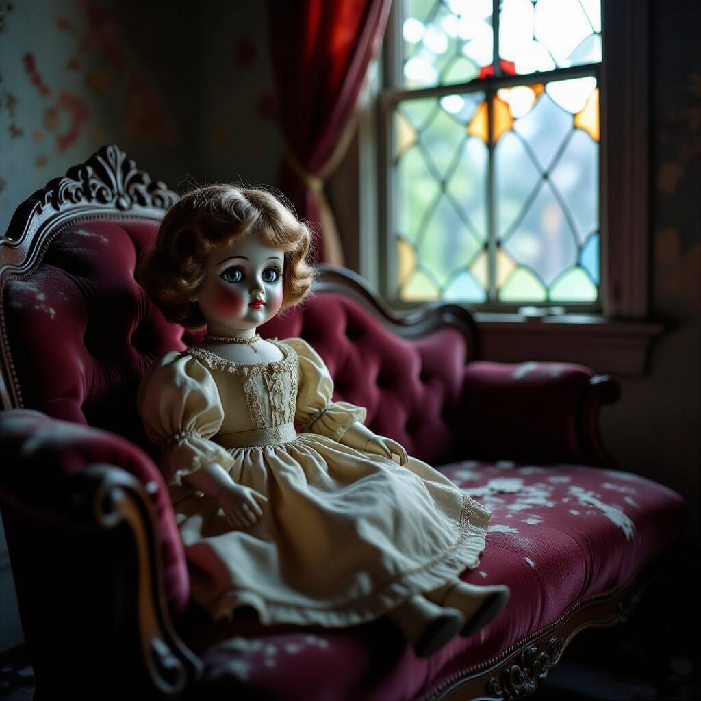 Antique Doll in Abandoned Ballroom: Vintage Photo Style