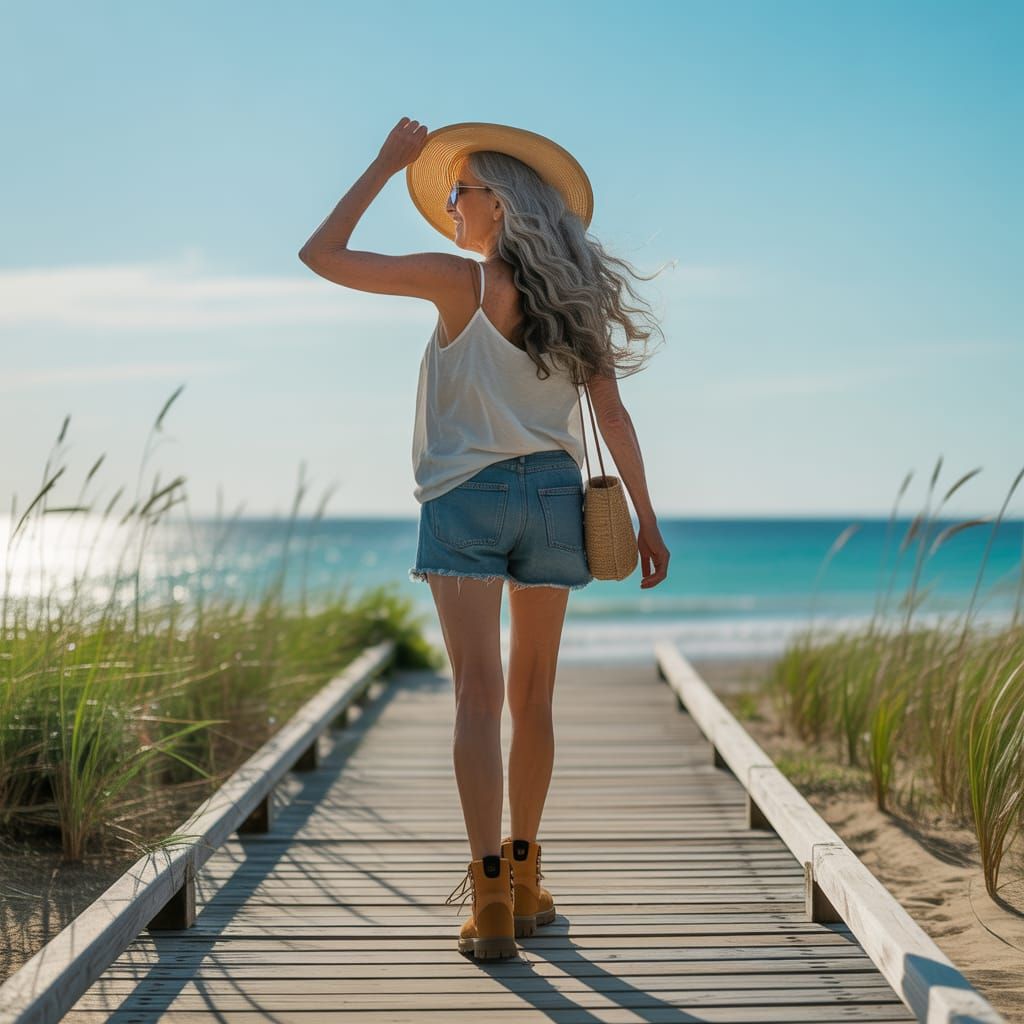Summer Boardwalk Stroll: Mature Woman in Sun Hat
