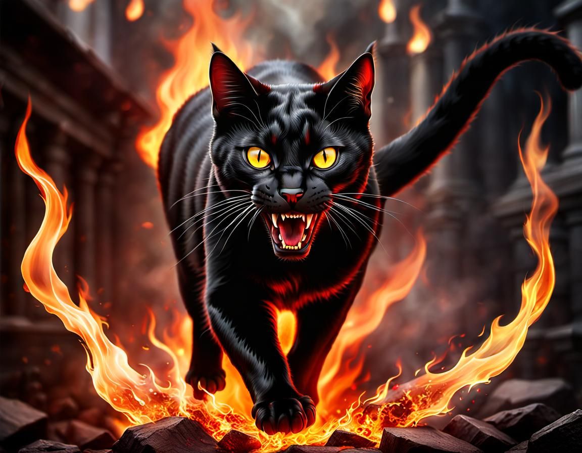 Scary Black Cat with Fire Eyes in Hyperrealism