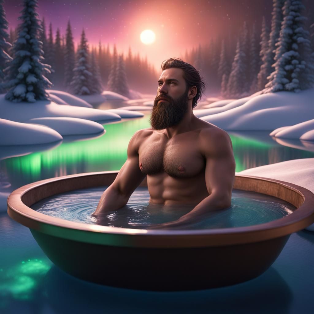 Jacuzzi Under Northern Lights: Detailed Fantasy Art