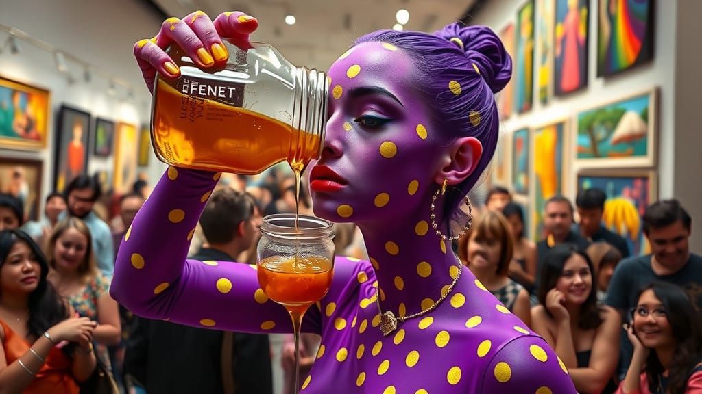 Honey-Covered Woman at Art Exhibition in Hyperrealism