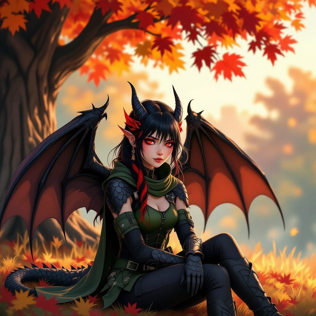 Fantasy Girl with Dragon Wings in Autumn Forest