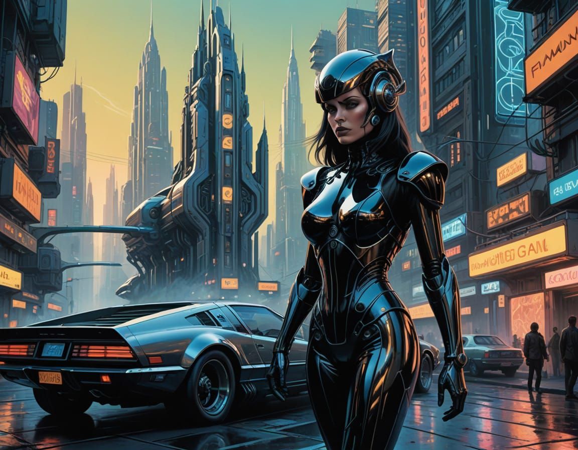 Retro-Futuristic Woman in a Vibrant, Sustainable Cityscape