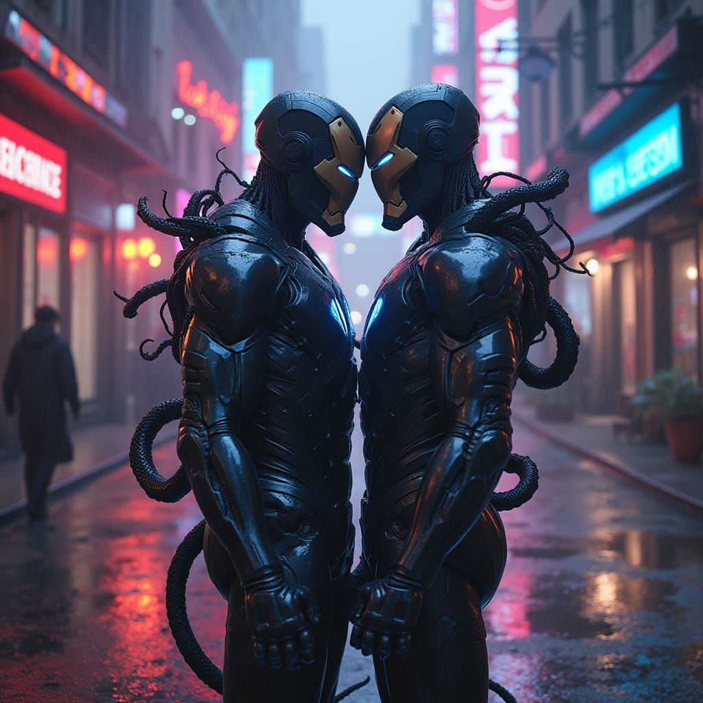 Iron Man Merges with Venom in Cyberpunk Cityscape