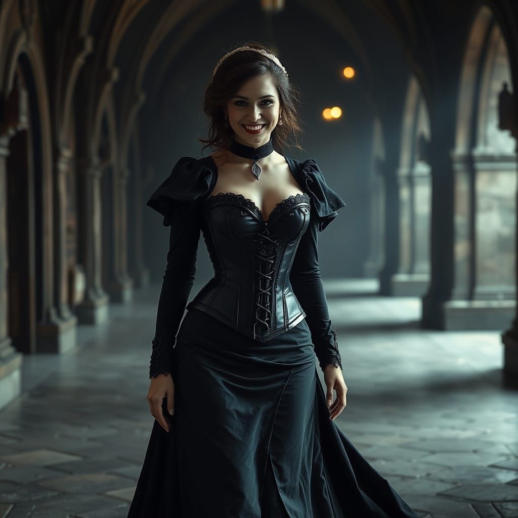 Gothic Woman Walks in Castle Hall