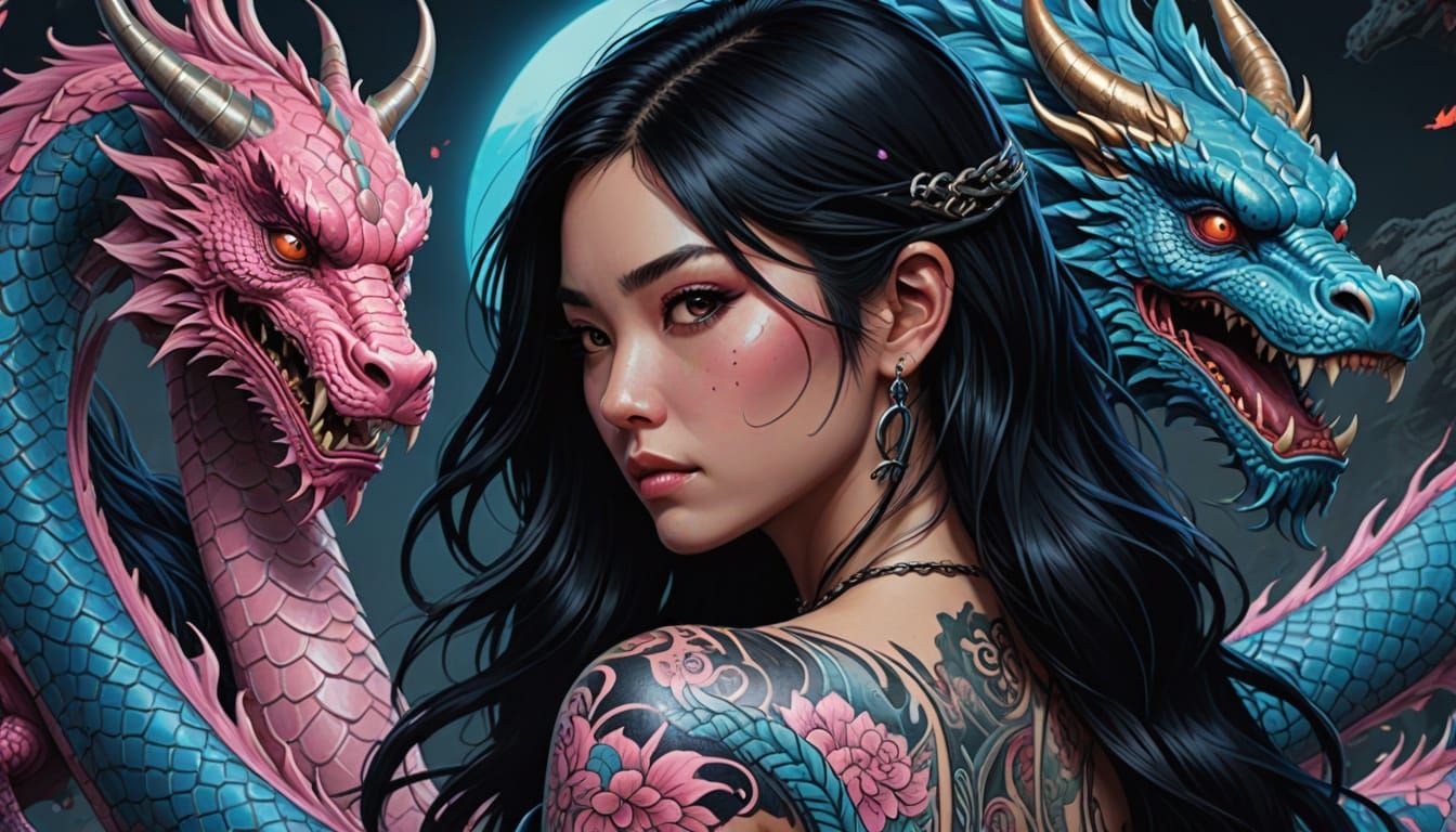 Japanese Woman with Dragon Tattoo: Fantasy Concept Art