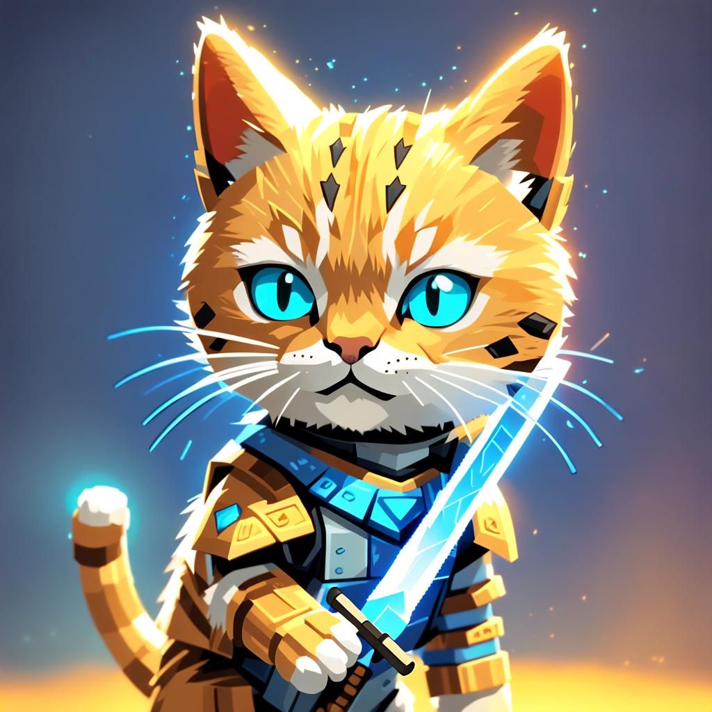 Pixel-Art Cat Warrior with Scratch-Block Sword
