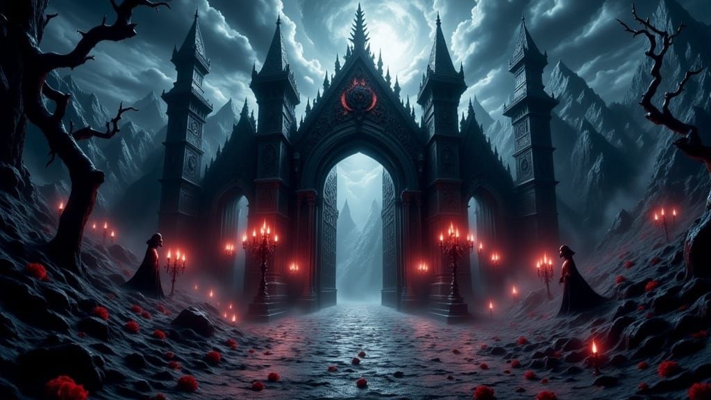 Gothic Vampire Castle Entrance Under Full Moon